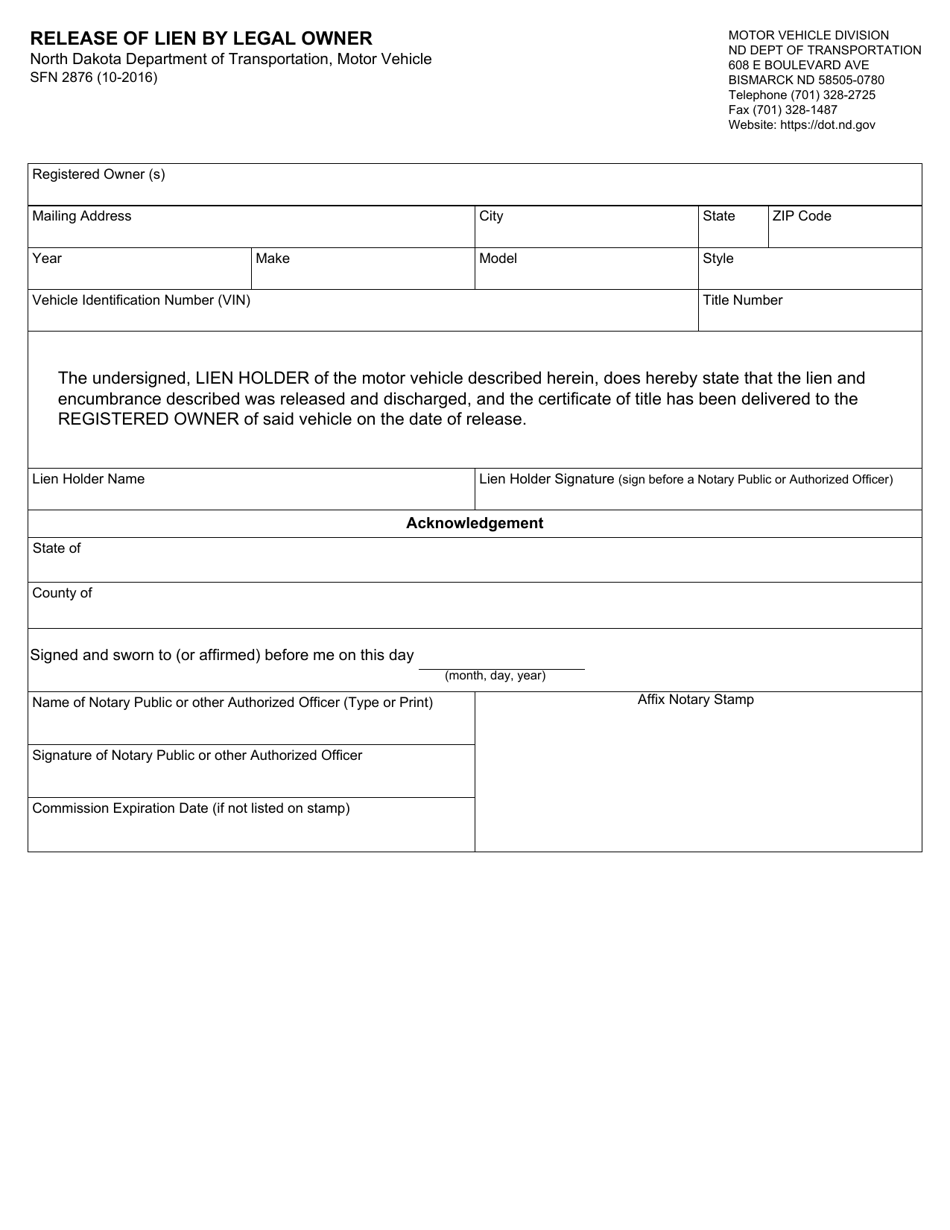 Form SFN2876 Release of Lien by Legal Owner - North Dakota, Page 1