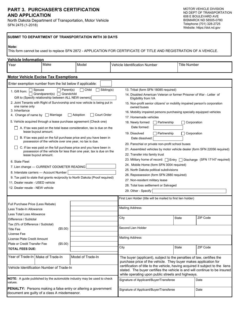 Form SFN2475 Part 3. Purchasers Certification and Application - North Dakota, Page 1