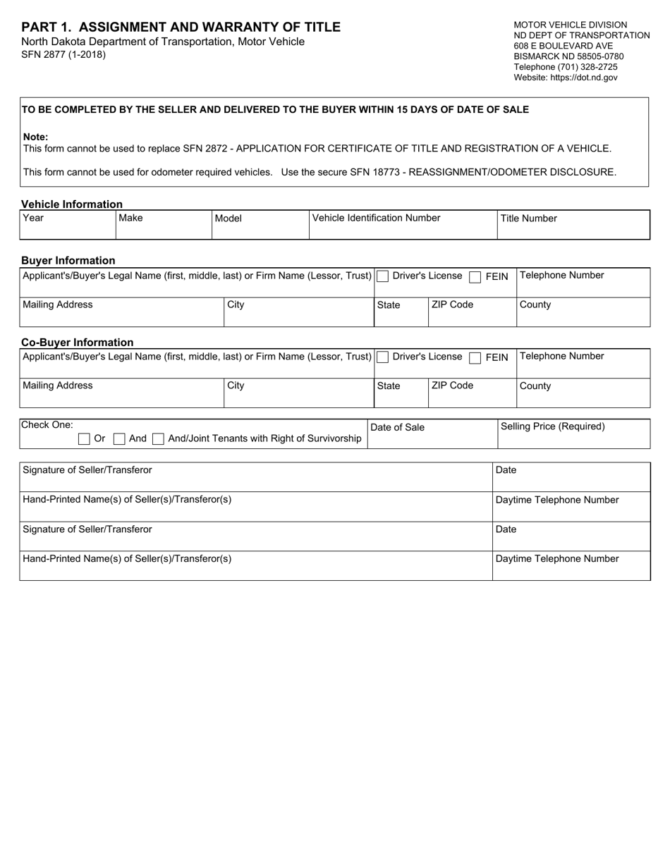Form SFN2877 Part 1. Assignment and Warranty of Title - North Dakota, Page 1