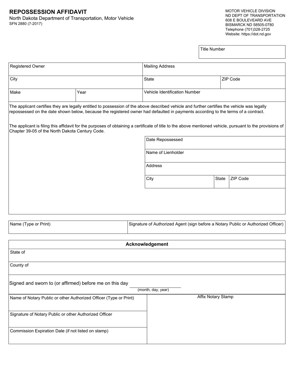 Form SFN2880 Repossession Affidavit - North Dakota, Page 1