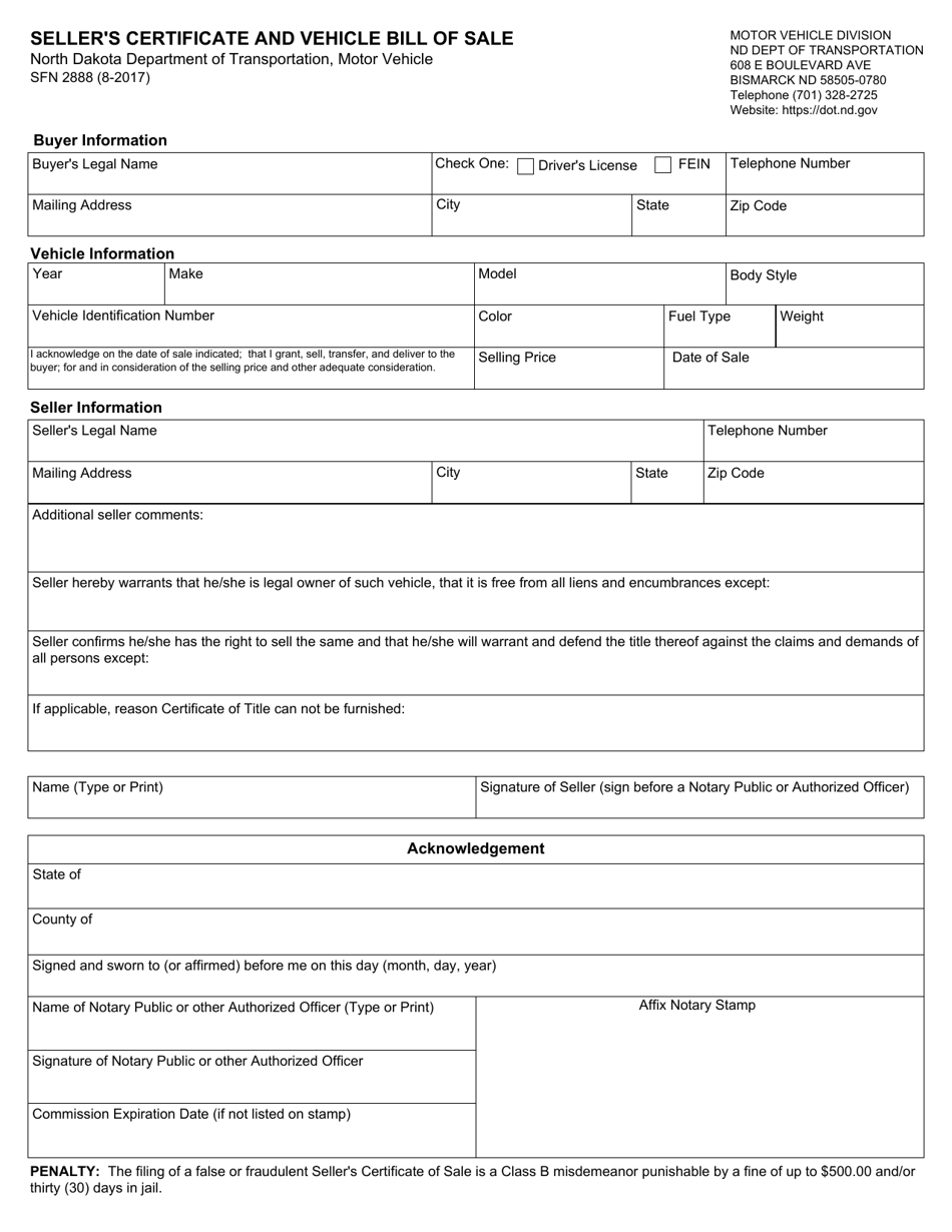 Form SFN2888 Sellers Certificate and Vehicle Bill of Sale - North Dakota, Page 1