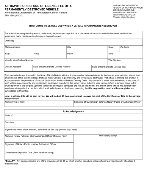 Form SFN2889 Affidavit for Refund of License Fee of a Permanently Destroyed Vehicle - North Dakota