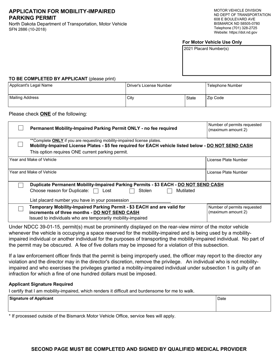 Form SFN2886 Application for Mobility-Impaired Parking Permit - North Dakota, Page 1