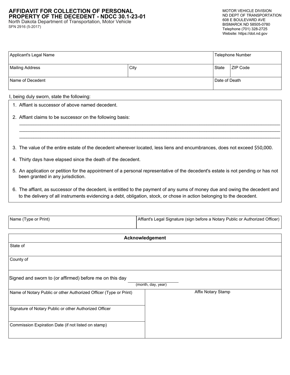 Form SFN2916 Affidavit for Collection of Personal Property of the Decedent - Ndcc 30.1-23-01 - North Dakota, Page 1