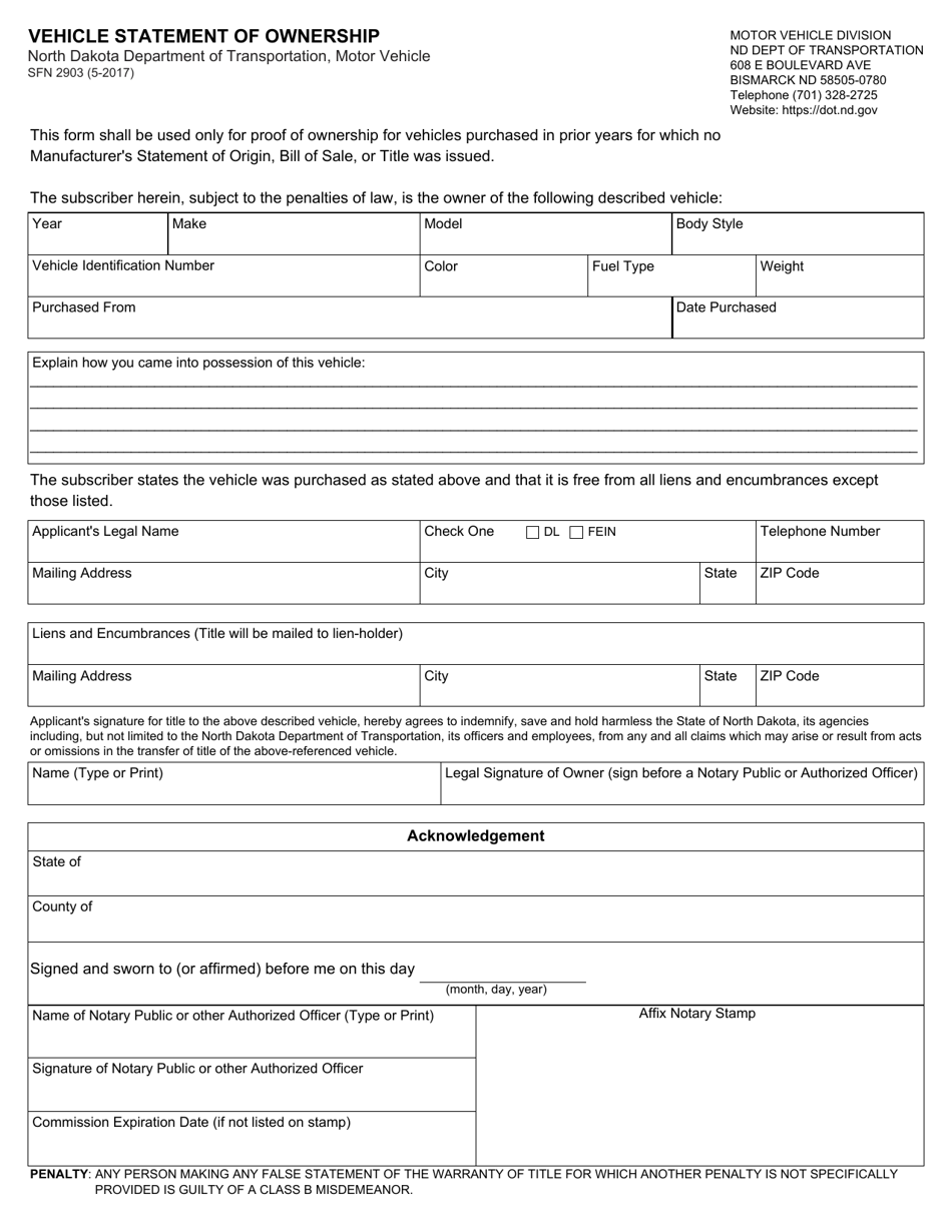 Form SFN2903 Vehicle Statement of Ownership - North Dakota, Page 1