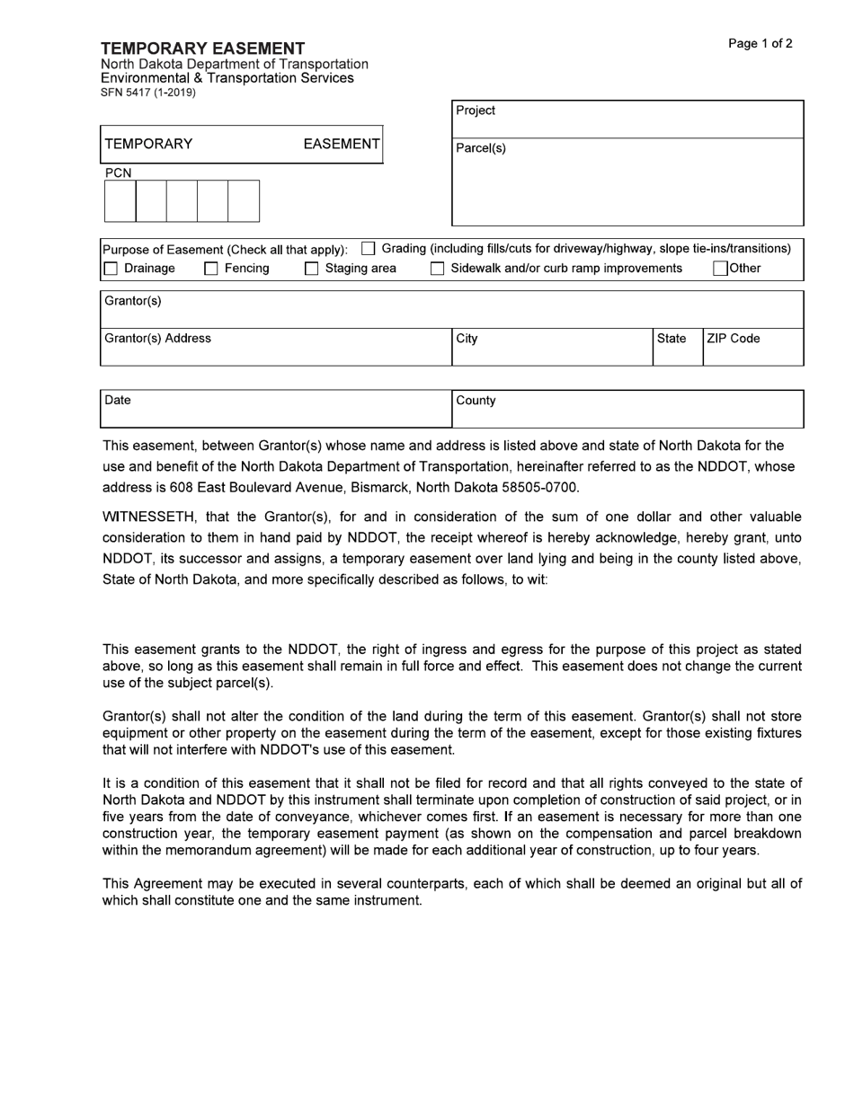 Form SFN5417 Temporary Easement - North Dakota, Page 1