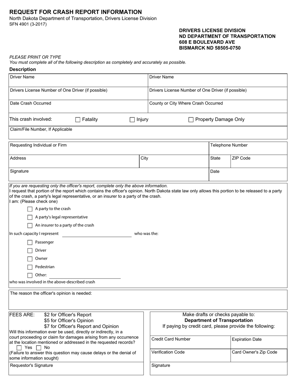 Form SFN4901 Request for Crash Report Information - North Dakota, Page 1