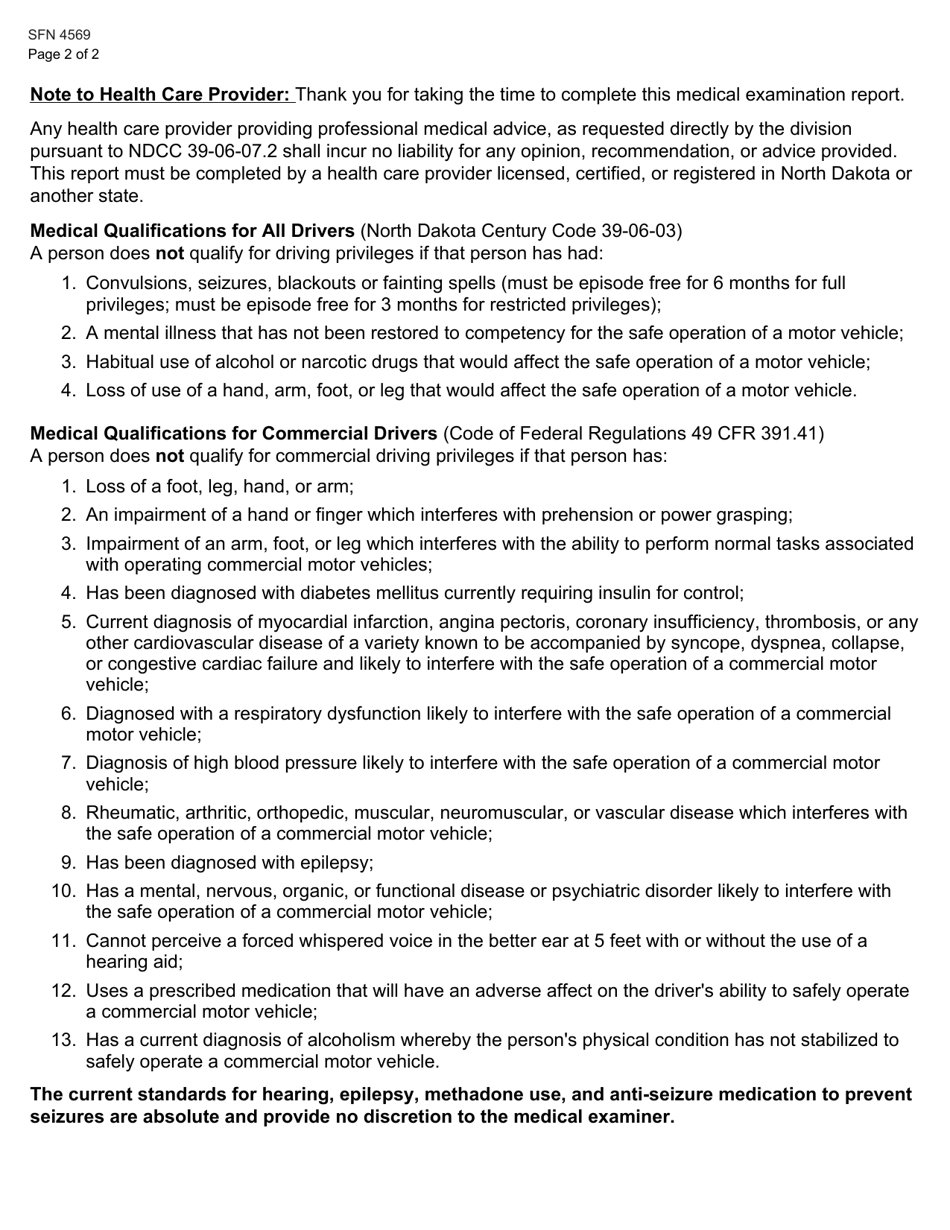 Form SFN4569 Medical Examination Report - North Dakota, Page 2