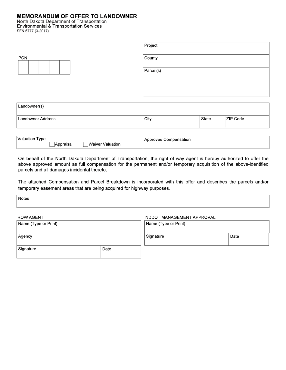 Form SFN6777 Memorandum of Offer to Landowner - North Dakota, Page 1