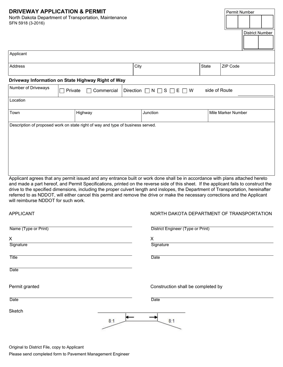 Form SFN5918 Driveway Application  Permit - North Dakota, Page 1