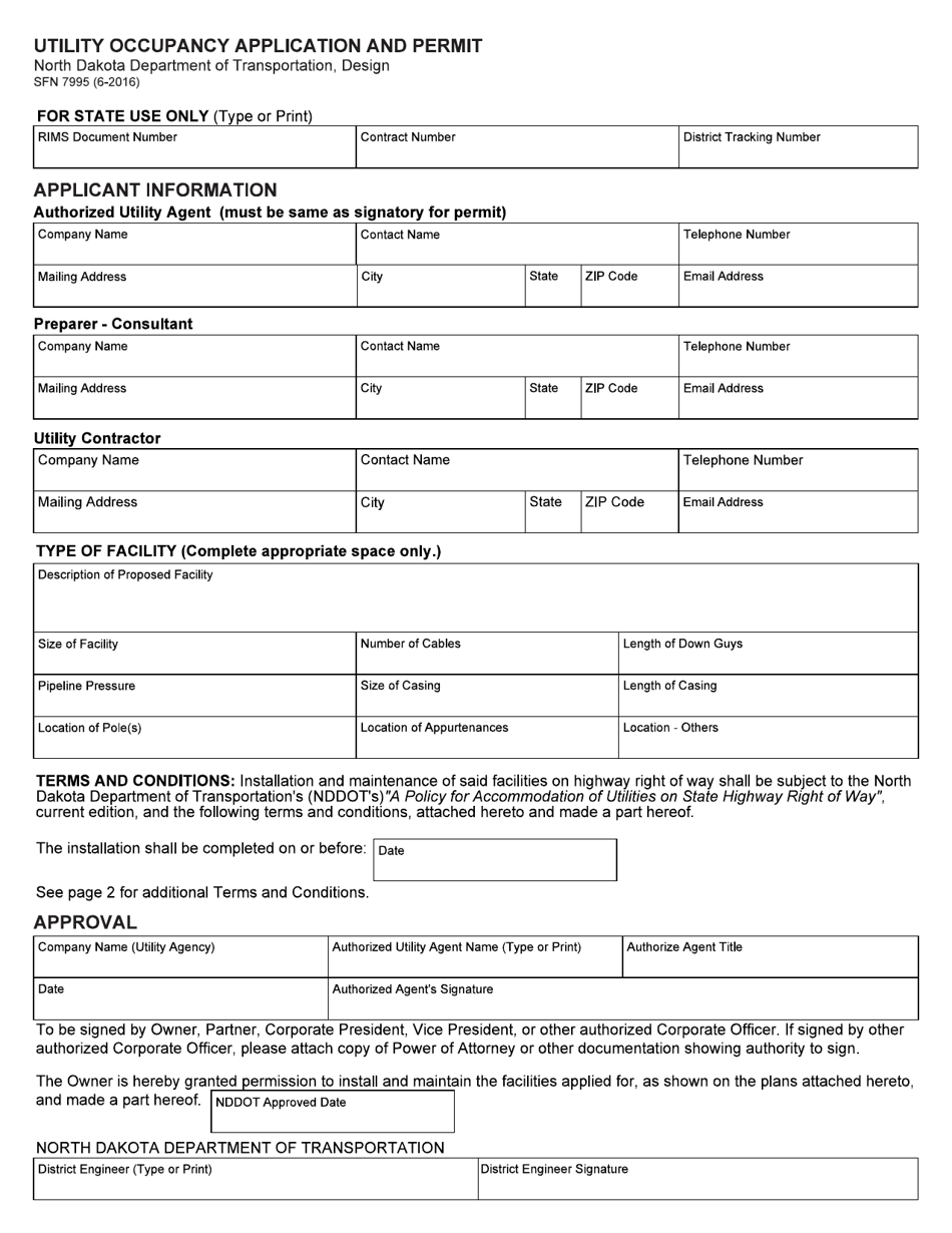 Form SFN7995 Utility Occupancy Application and Permit - North Dakota, Page 1