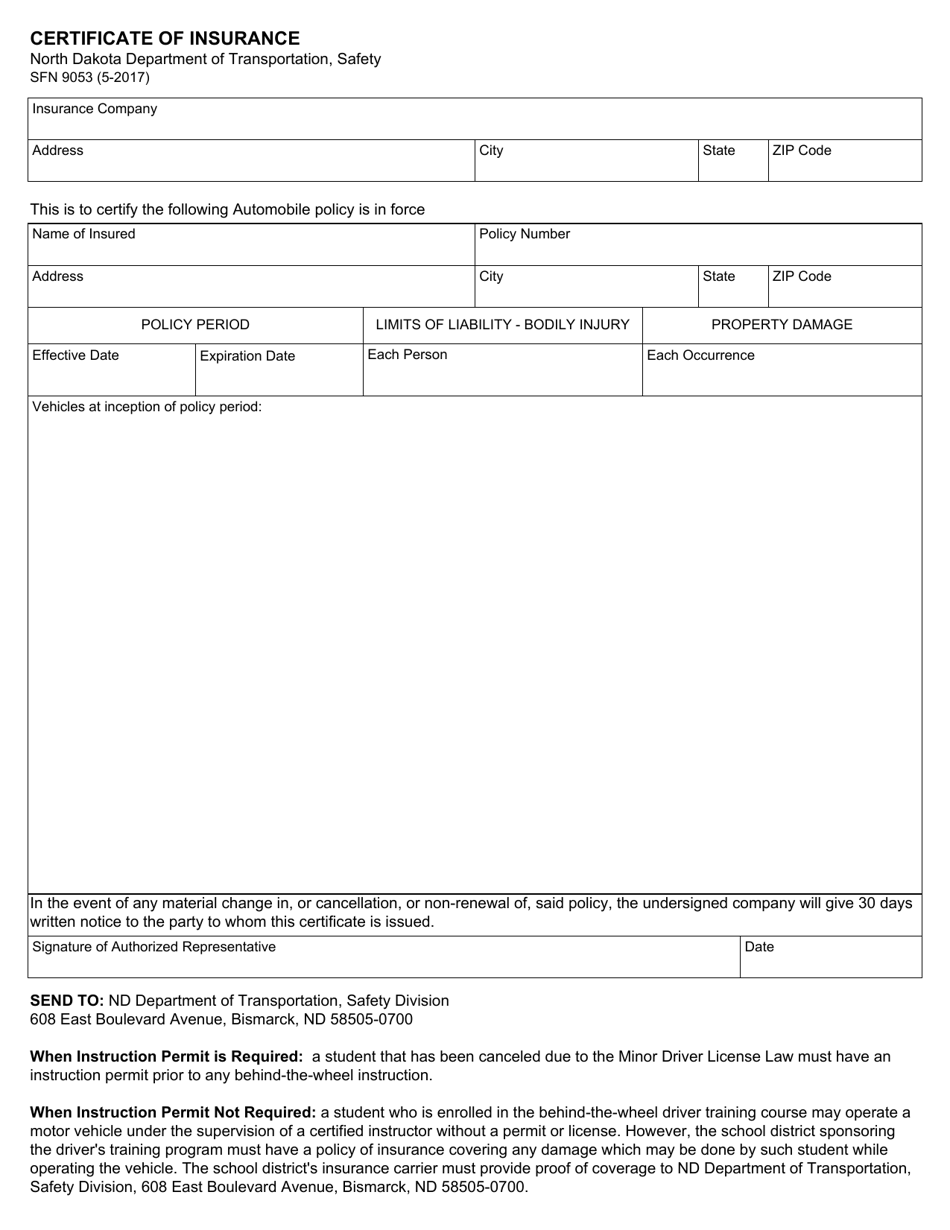 Form SFN9053 Certificate of Insurance - North Dakota, Page 1