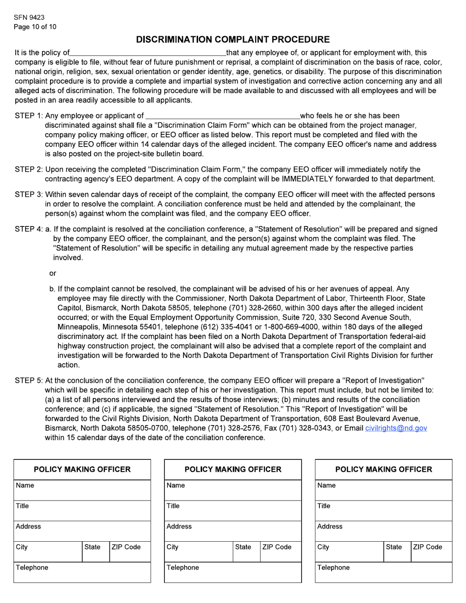 Form SFN9423 Pre-construction Conference - Equal Employment Opportunity (EEO), Title VI, Labor Standards, and Dbe Participation Information - North Dakota, Page 10