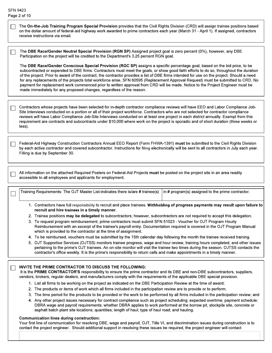 Form SFN9423 Pre-construction Conference - Equal Employment Opportunity (EEO), Title VI, Labor Standards, and Dbe Participation Information - North Dakota, Page 2