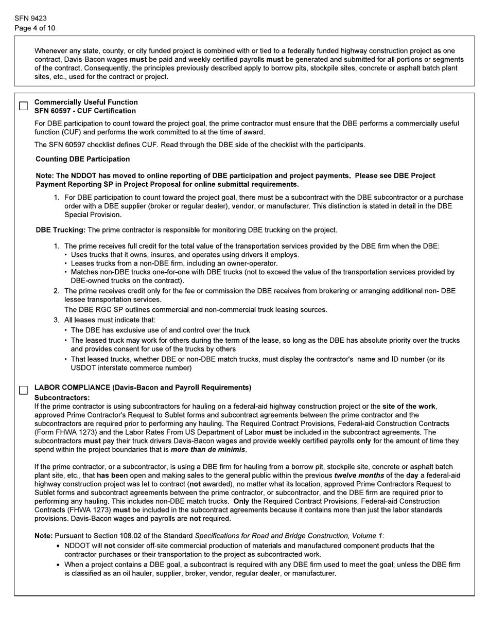Form SFN9423 Pre-construction Conference - Equal Employment Opportunity (EEO), Title VI, Labor Standards, and Dbe Participation Information - North Dakota, Page 4