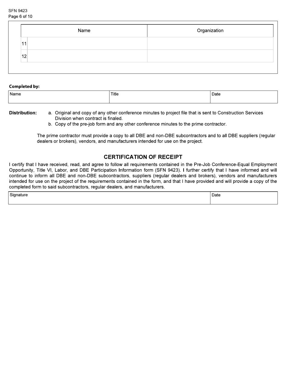 Form SFN9423 Pre-construction Conference - Equal Employment Opportunity (EEO), Title VI, Labor Standards, and Dbe Participation Information - North Dakota, Page 6