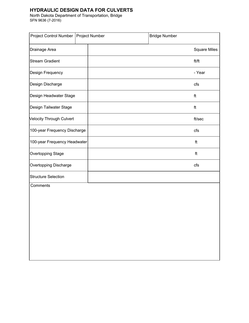 Form SFN9636 Hydraulic Design Data for Culverts - North Dakota, Page 1
