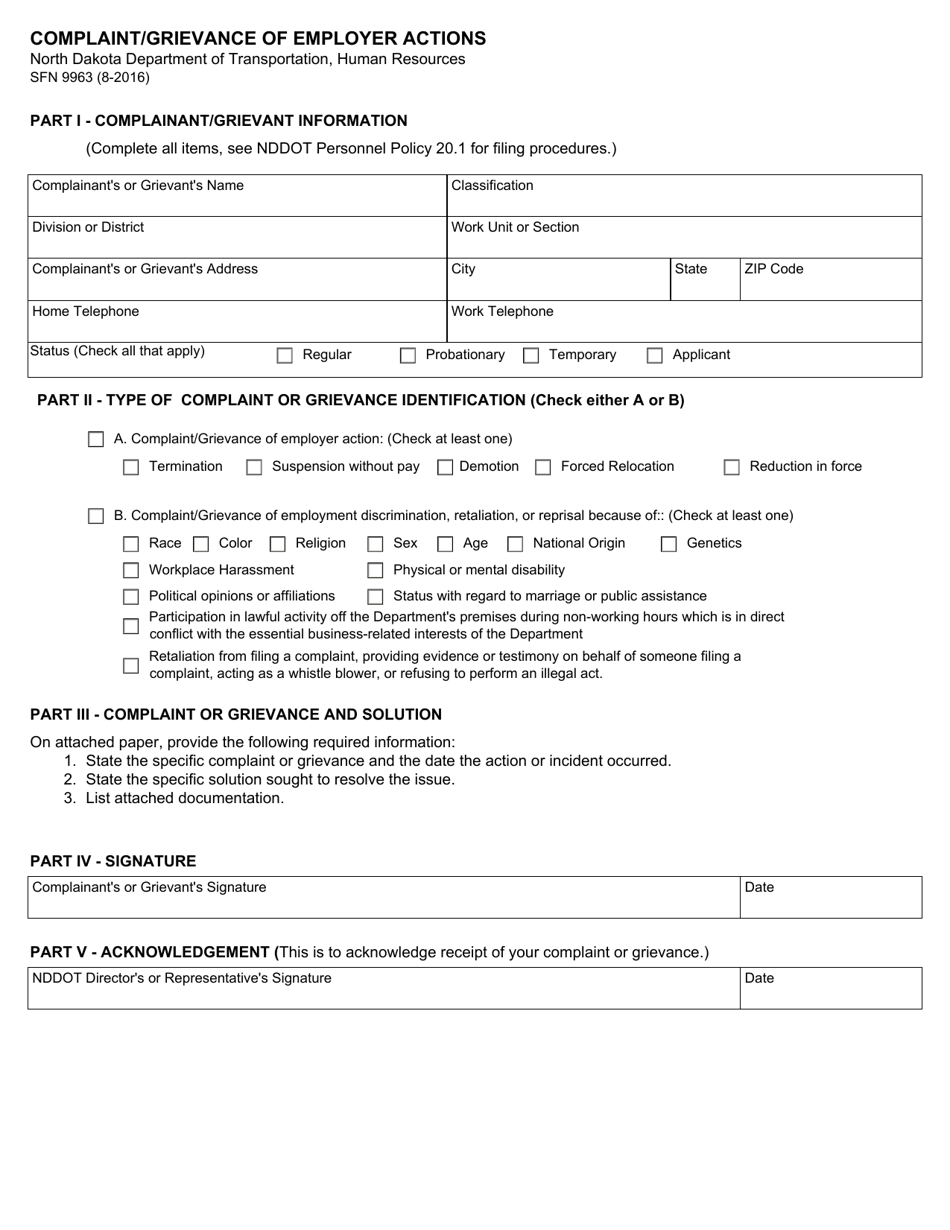 Form SFN9963 Complaint / Grievance of Employer Actions - North Dakota, Page 1