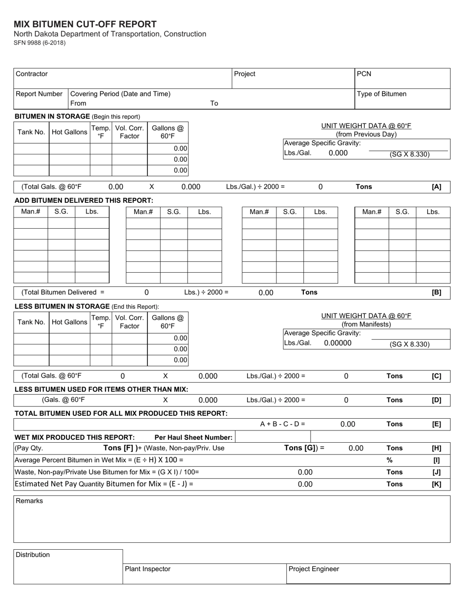 Form SFN9988 Mix Bitumen Cut-Off Report - North Dakota, Page 1