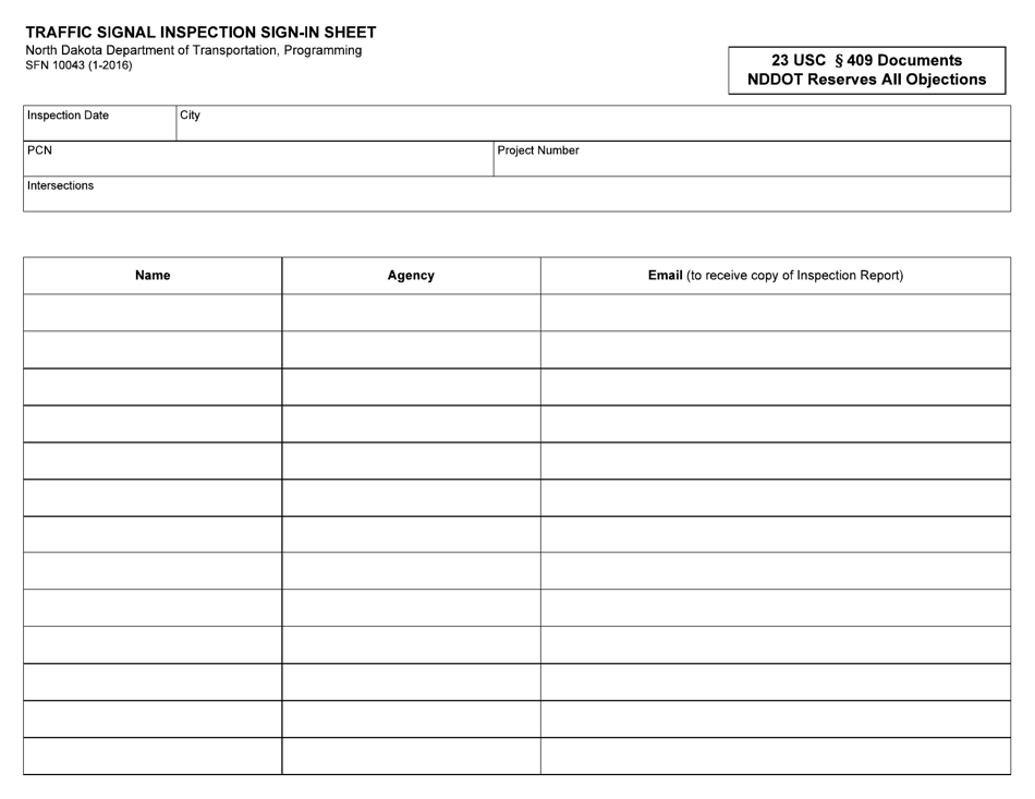 Form SFN10043 Traffic Signal Inspection Sign-In Sheet - North Dakota, Page 1