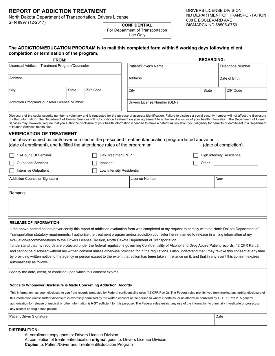 Form SFN9997 Report of Addiction Treatment - North Dakota, Page 1