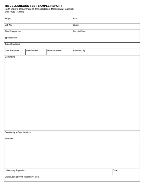 Form SFN10080 Miscellaneous Test Sample Report - North Dakota