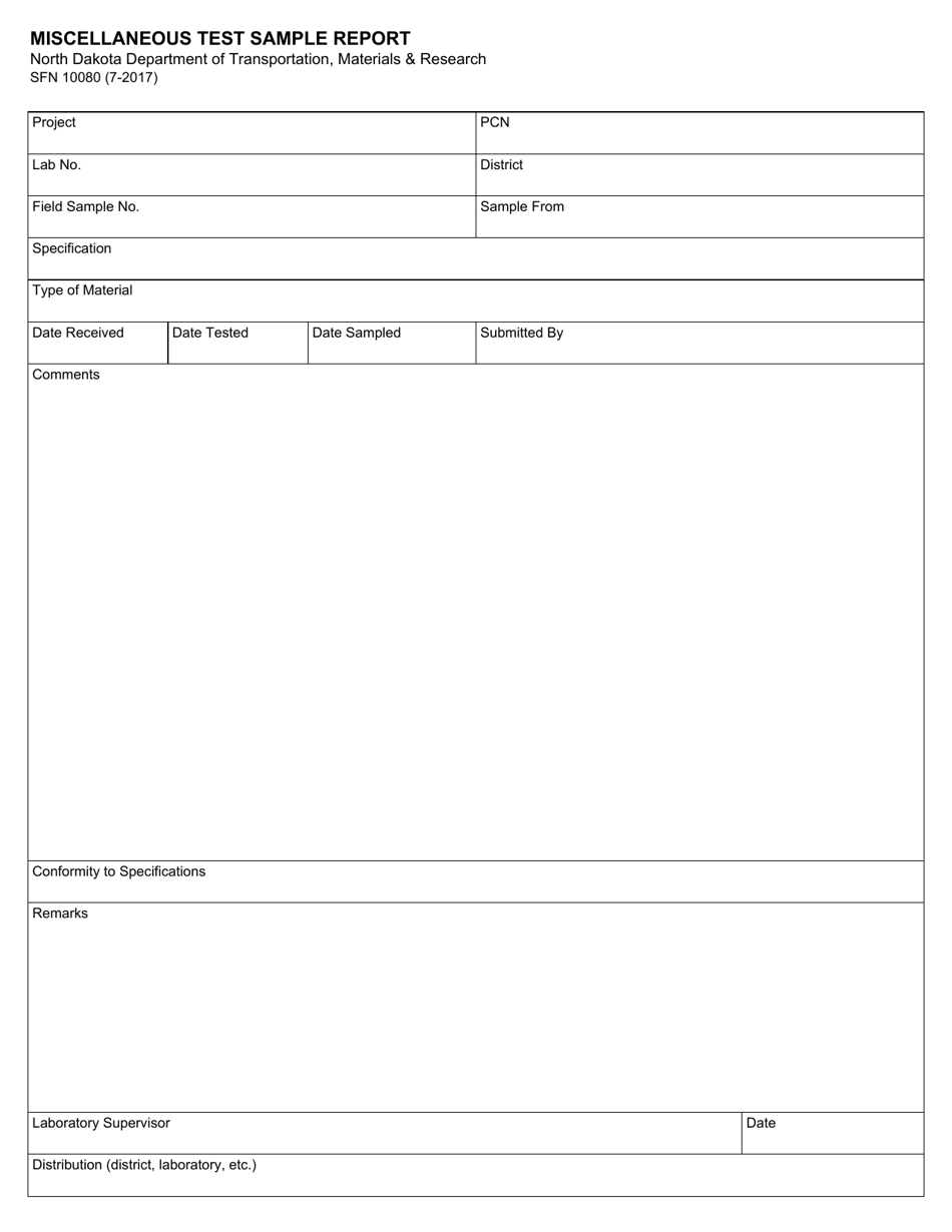 Form SFN10080 Miscellaneous Test Sample Report - North Dakota, Page 1