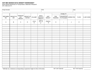 Document preview: Form SFN10089 Hot Mix Design Data Density Worksheet - North Dakota