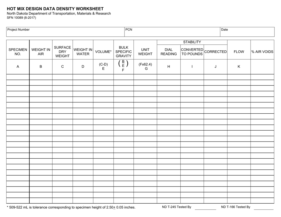 Form SFN10089 Hot Mix Design Data Density Worksheet - North Dakota, Page 1