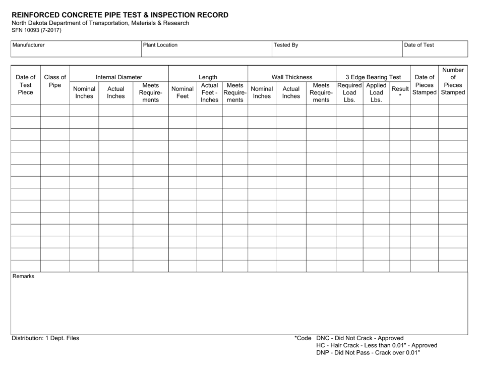 Form SFN10093 Reinforced Concrete Pipe Test  Inspection Record - North Dakota, Page 1