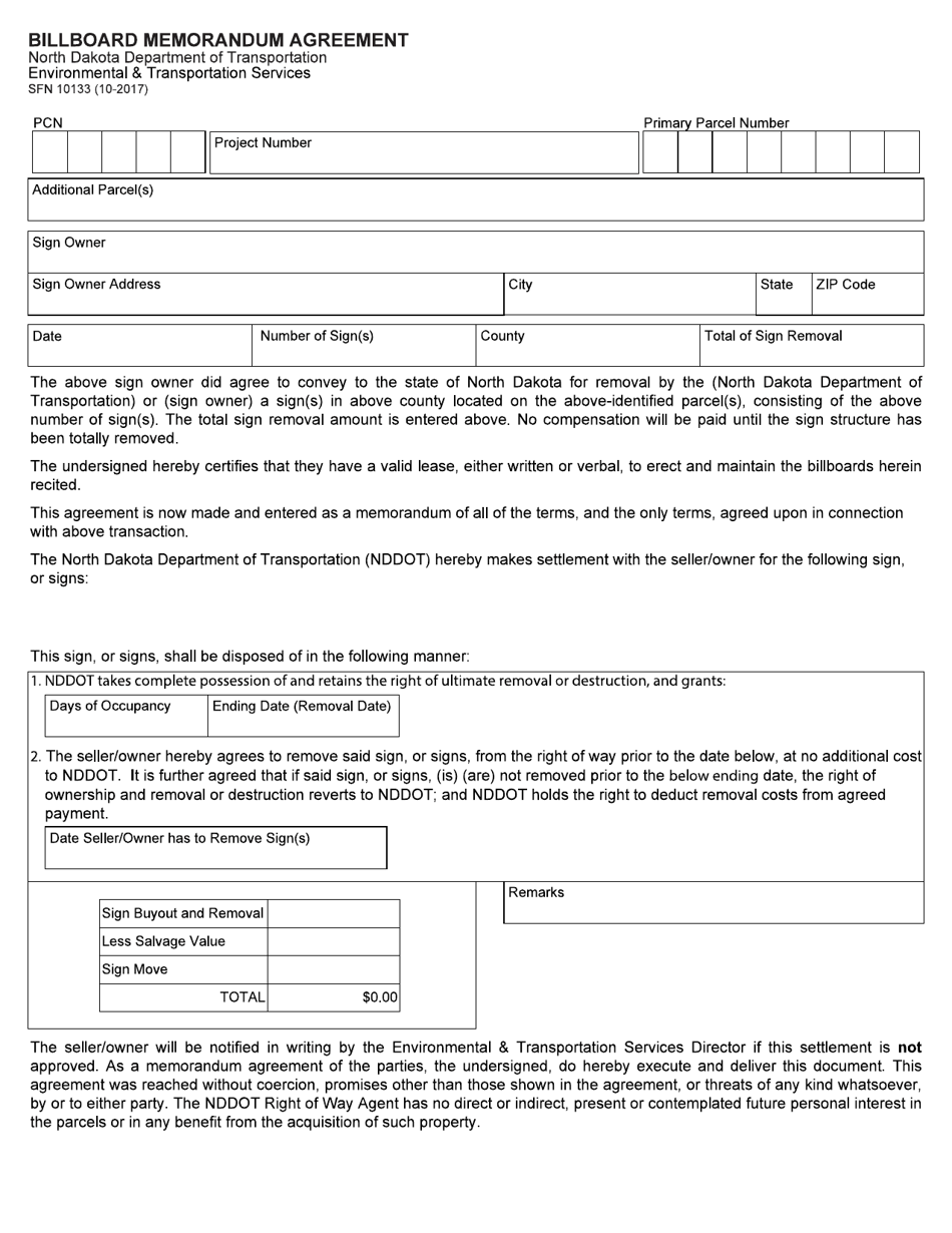 Form SFN10133 Billboard Memorandum Agreement - North Dakota, Page 1