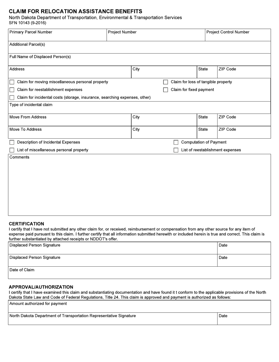 Form SFN10143 Claim for Relocation Assistance Benefits - North Dakota, Page 1