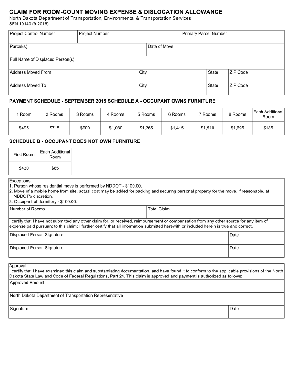 Form SFN10140 Claim for Room-Count Moving Expense  Dislocation Allowance - North Dakota, Page 1