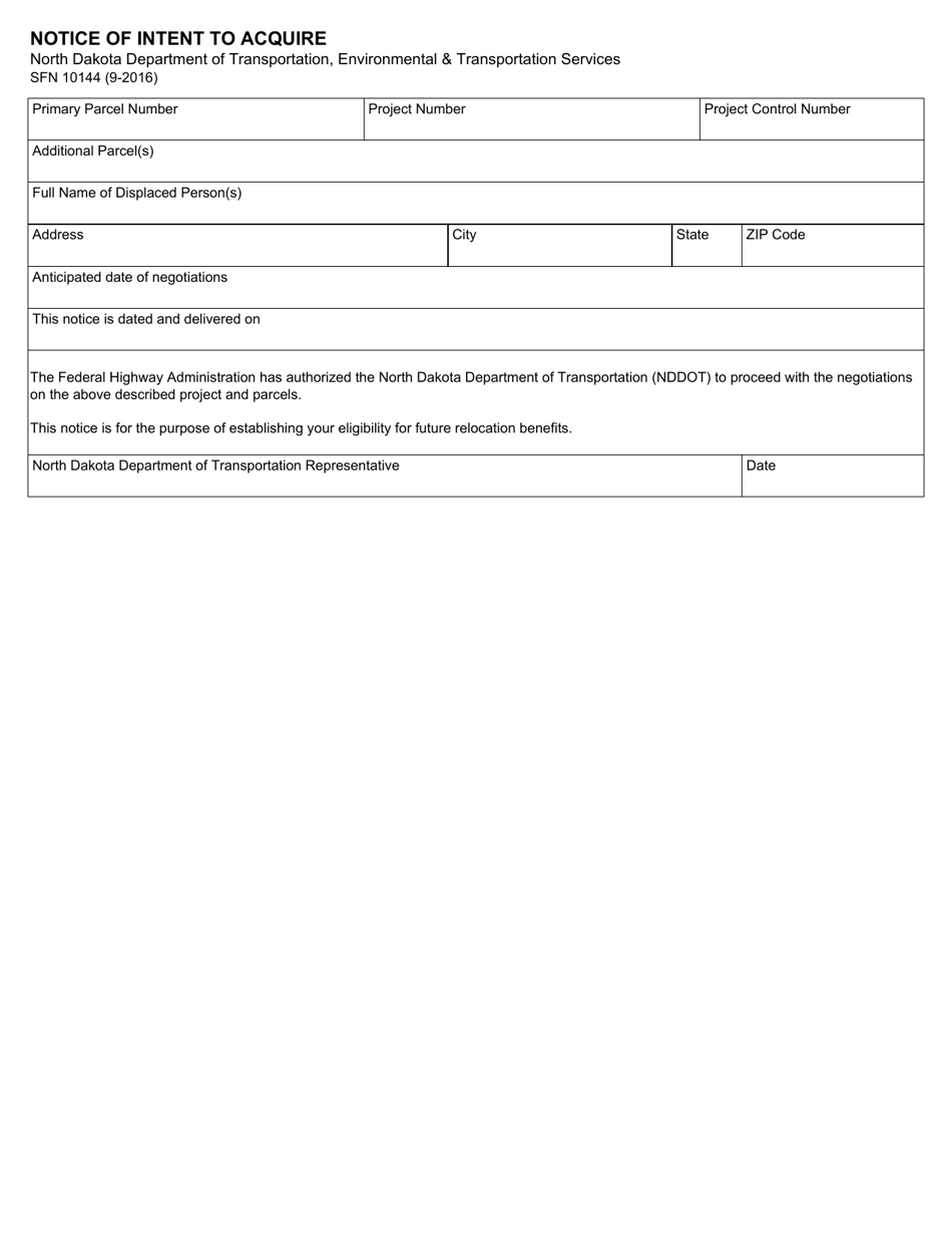 Form SFN10144 Notice of Intent to Acquire - North Dakota, Page 1