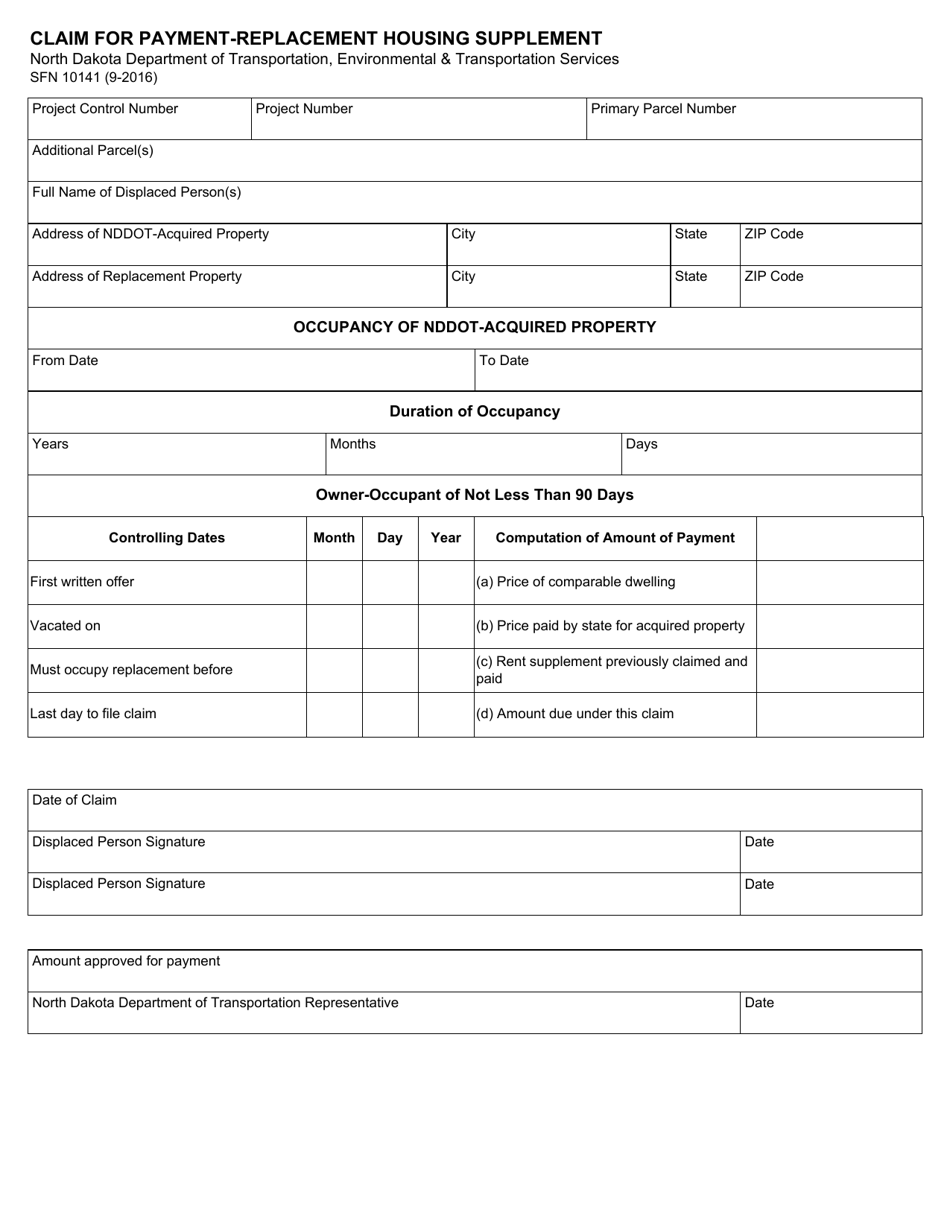 Form SFN10141 Claim for Payment-Replacement Housing Supplement - North Dakota, Page 1