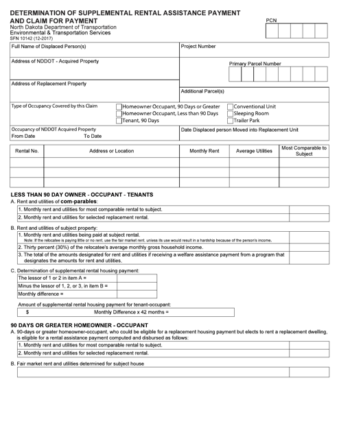 Form SFN10142 Determination of Supplemental Rental Assistance Payment and Claim for Payment - North Dakota