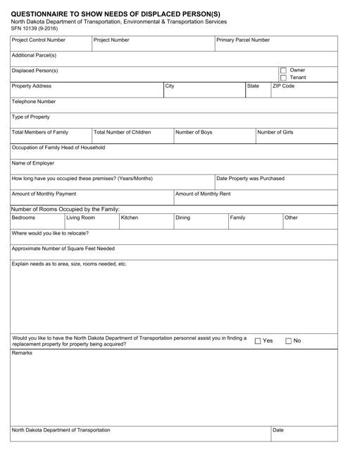Form SFN10139 Questionnaire to Show Needs of Displaced Person(S) - North Dakota