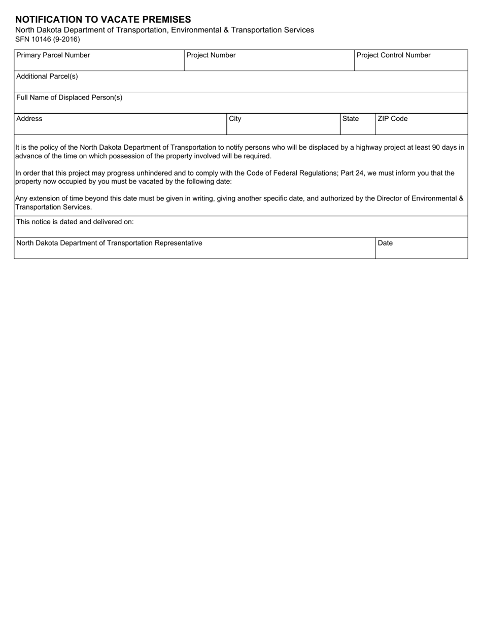 Form SFN10146 Notification to Vacate Premises - North Dakota, Page 1