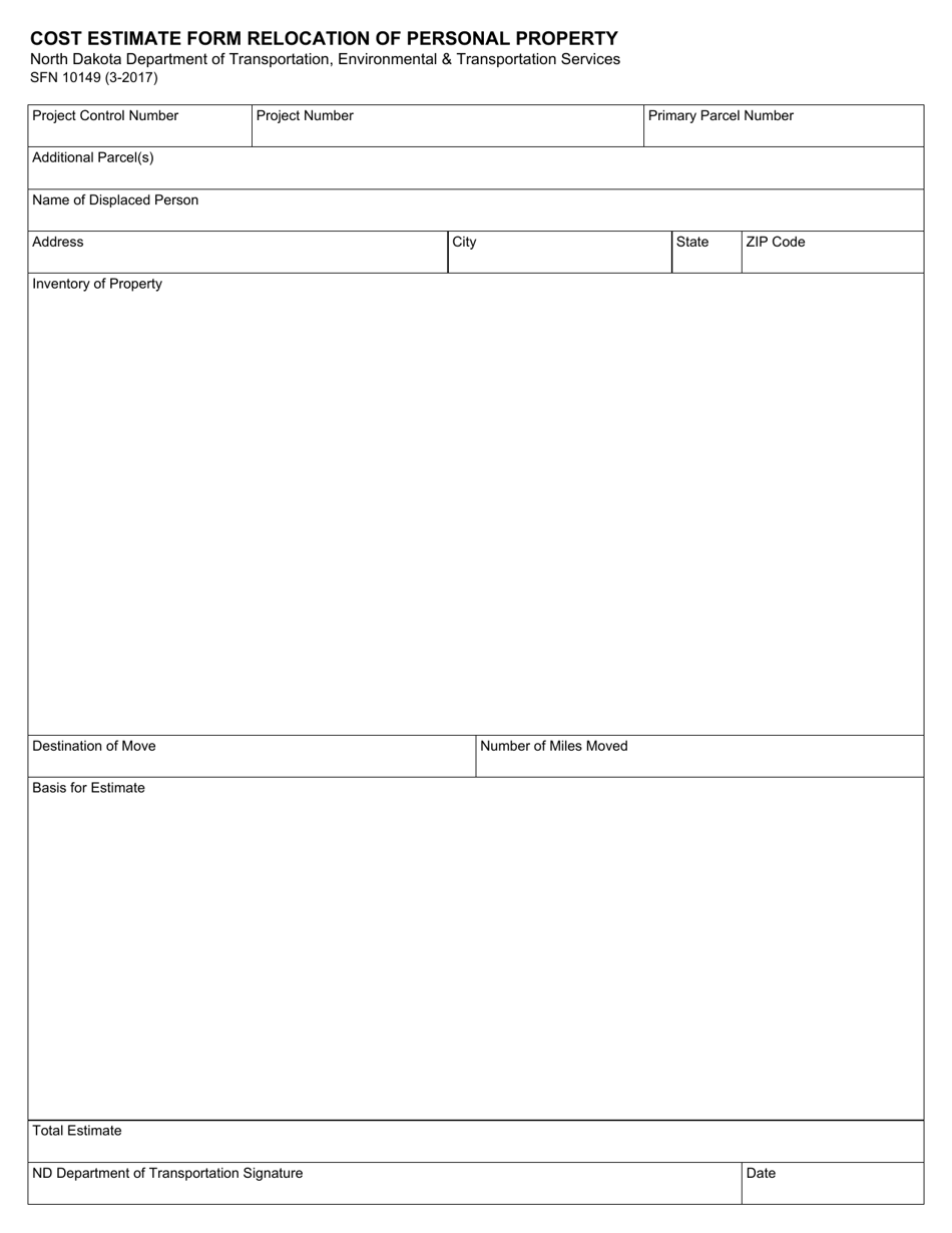 Form SFN10149 Cost Estimate Form Relocation of Personal Property - North Dakota, Page 1