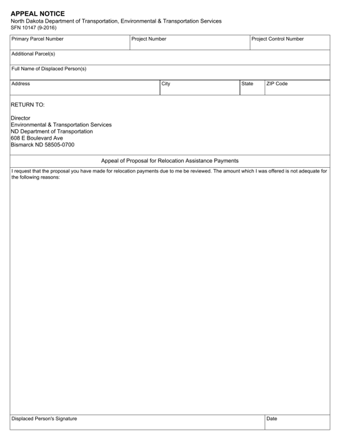 Form SFN10147 Appeal Notice - North Dakota
