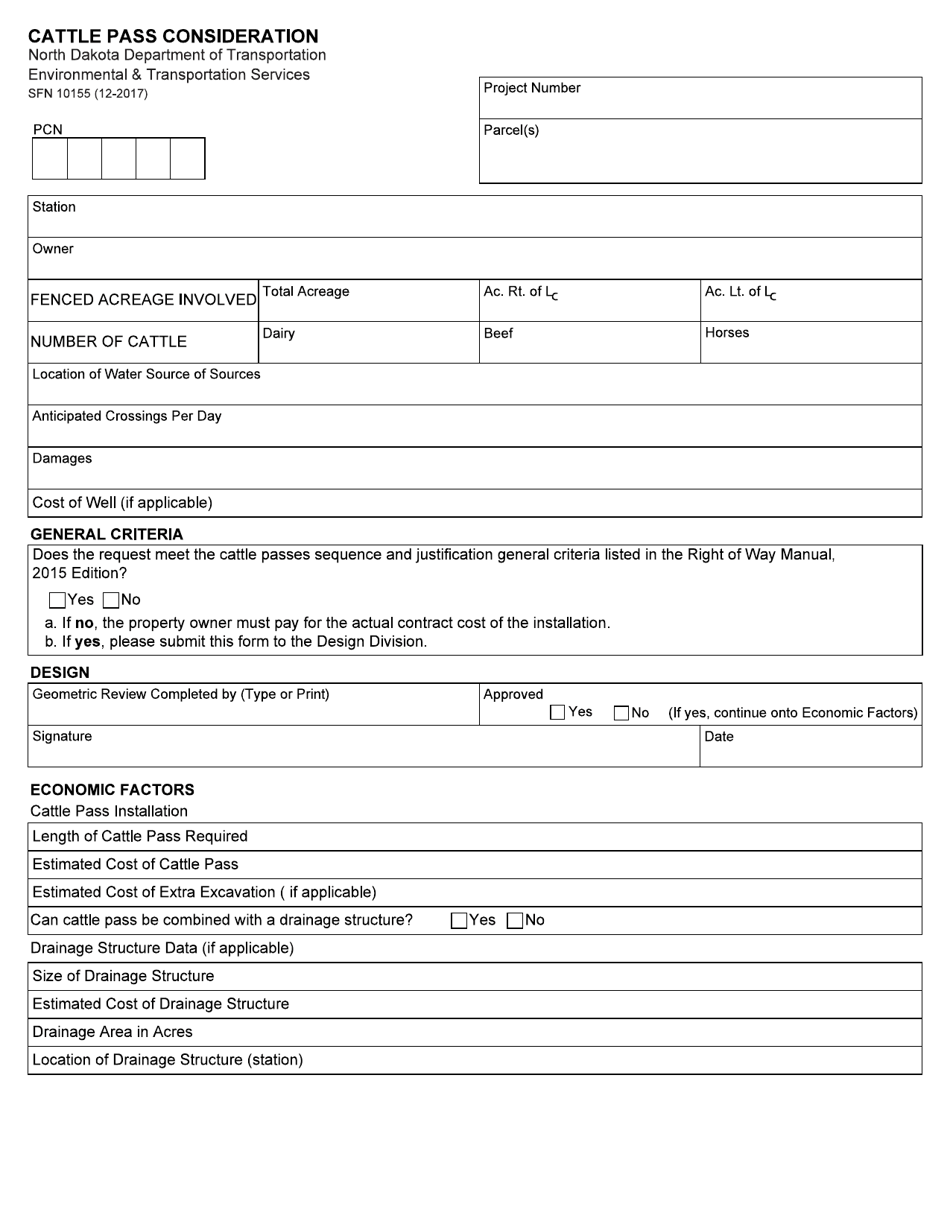 Form SFN10155 Cattle Pass Consideration - North Dakota, Page 1