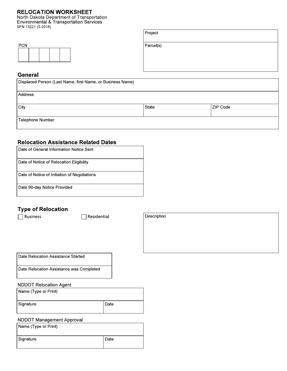 Form SFN13221 Relocation Worksheet - North Dakota, Page 1
