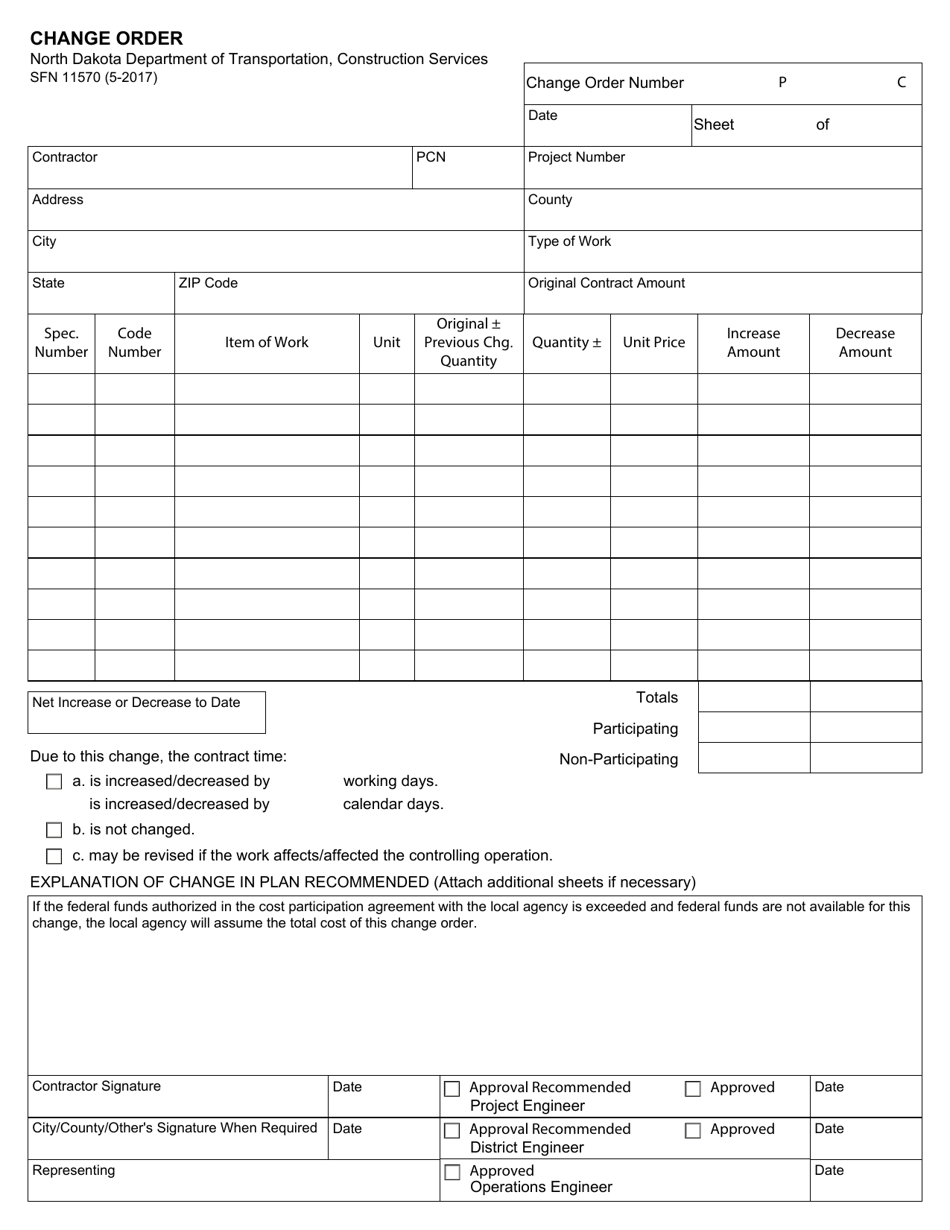 Form SFN11570 Change Order - North Dakota, Page 1