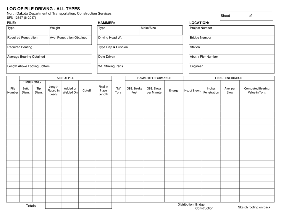 Form SFN13857 Log of Pile Driving - All Types - North Dakota, Page 1