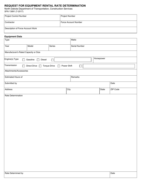 Form SFN13891 Request for Equipment Rental Rate Determination - North Dakota