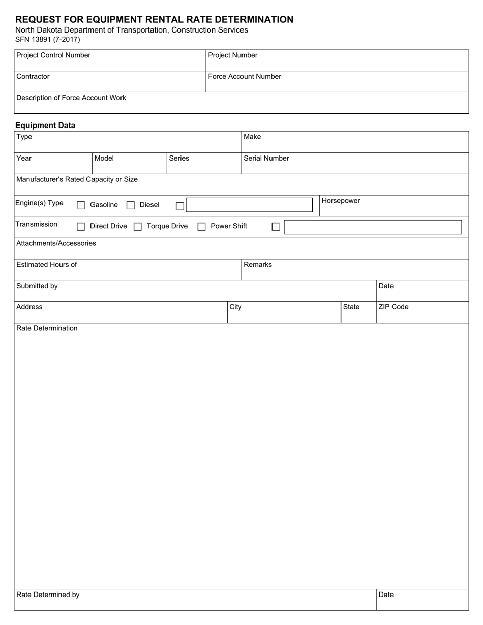 Form SFN13891 Request for Equipment Rental Rate Determination - North Dakota, Page 1