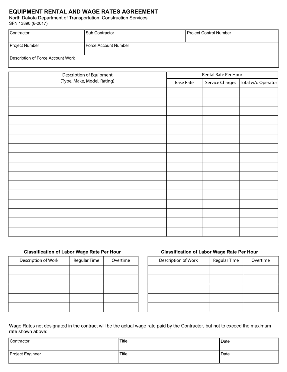 Form SFN13890 Equipment Rental and Wage Rates Agreement - North Dakota, Page 1