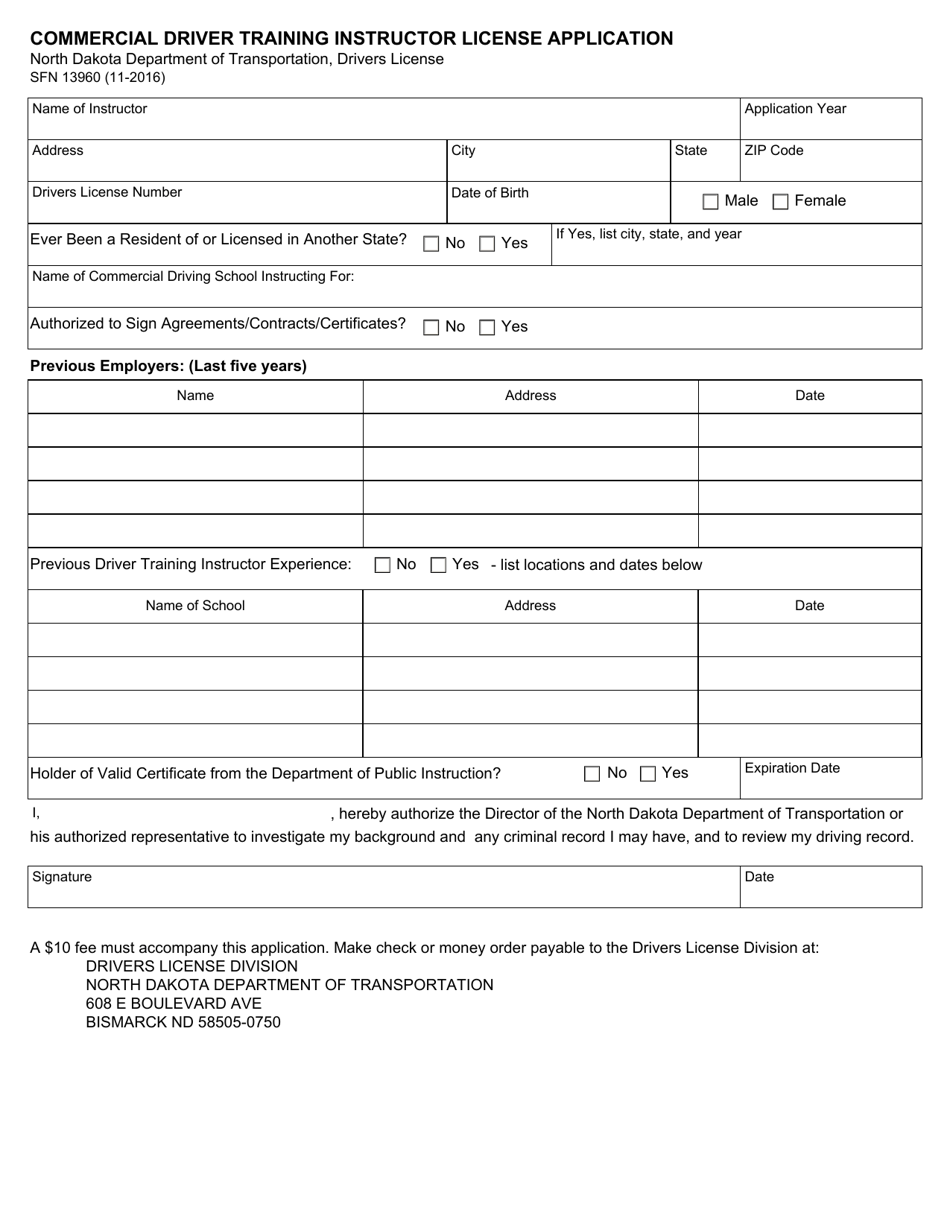 Form SFN13960 Commercial Driver Training Instructor License Application - North Dakota, Page 1