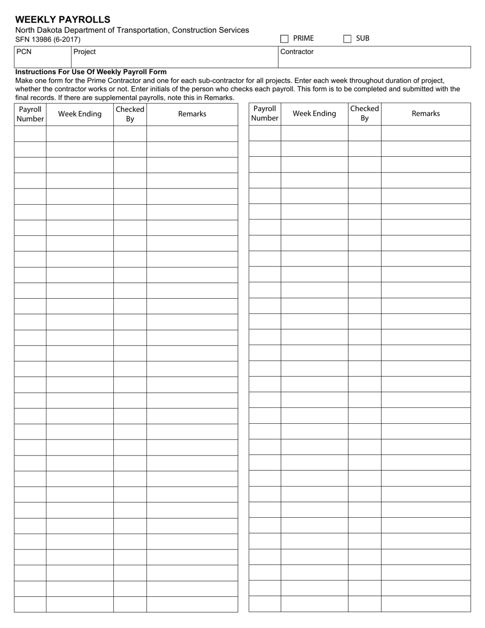 Form SFN13986 Download Fillable PDF or Fill Online Weekly Payrolls ...