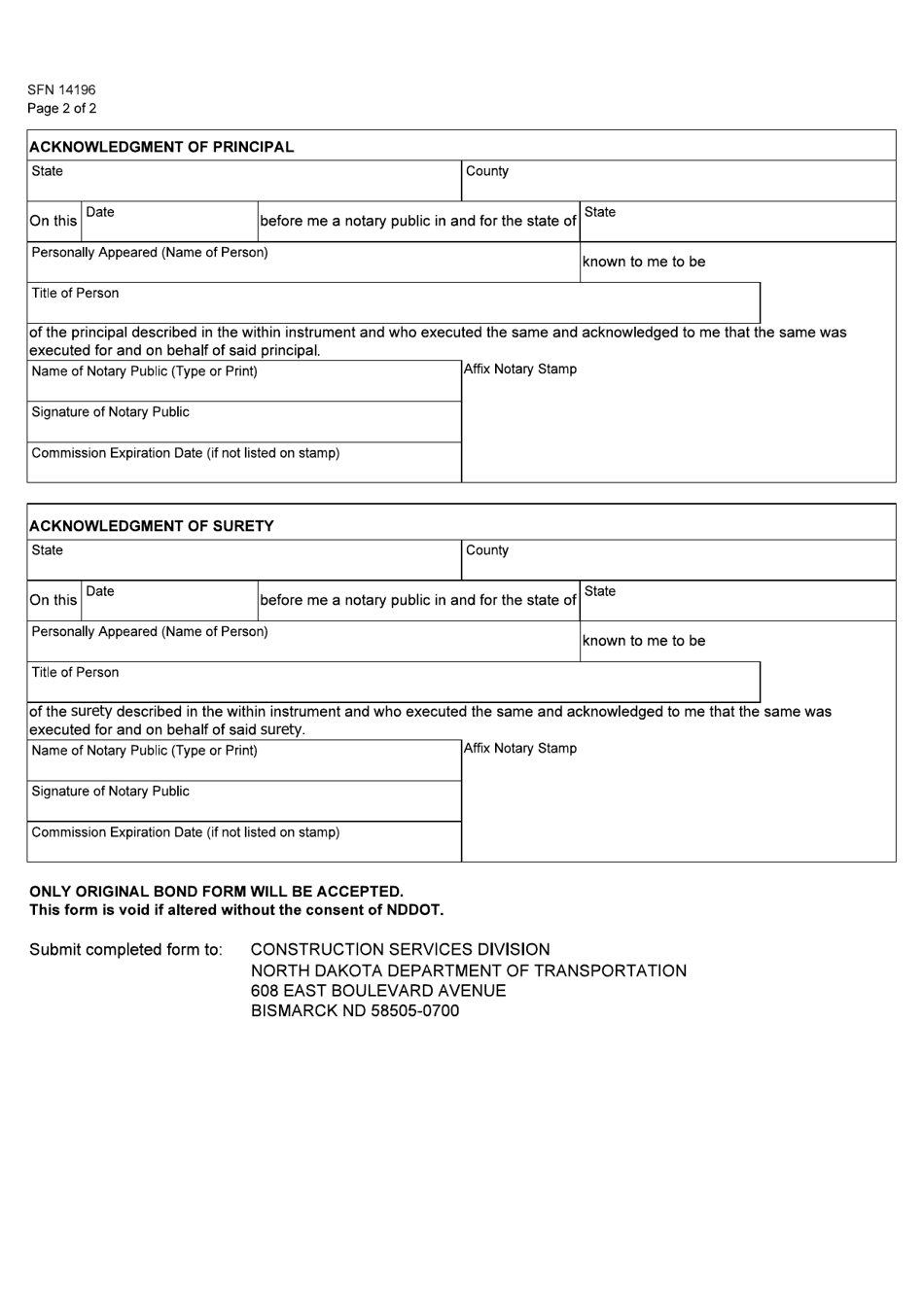Form SFN14196 Bid Bond - Single Project - North Dakota, Page 2